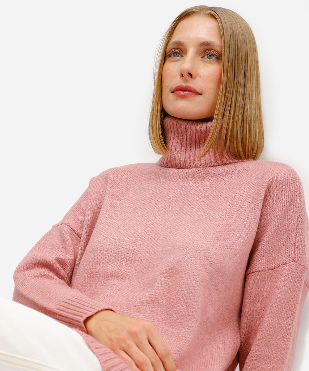 suéter feminino de tricot oversized gola alta rosa