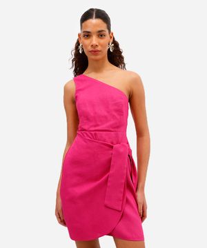 vestido ombro único feminino com linho e amarração rosa