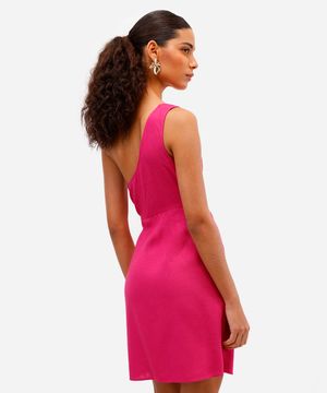 vestido ombro único feminino com linho e amarração rosa