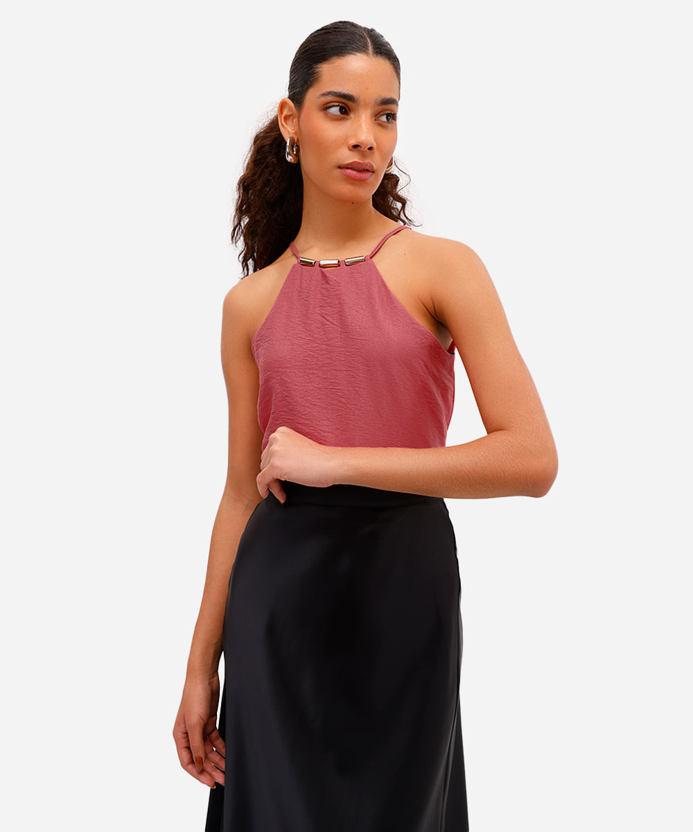 blusa halterneck feminina de viscose texturizada rosa