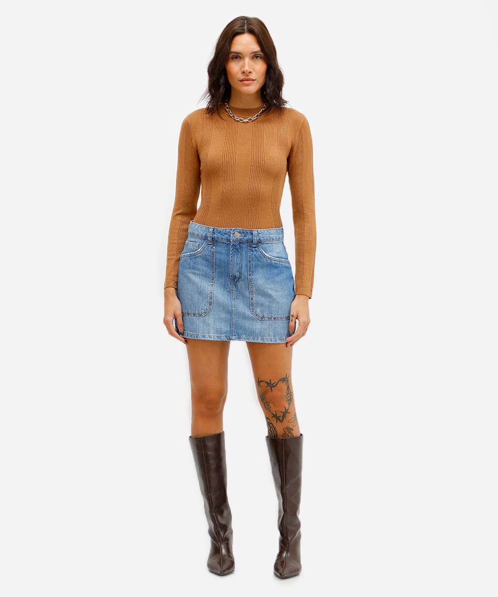 minissaia feminina jeans com tachas azul