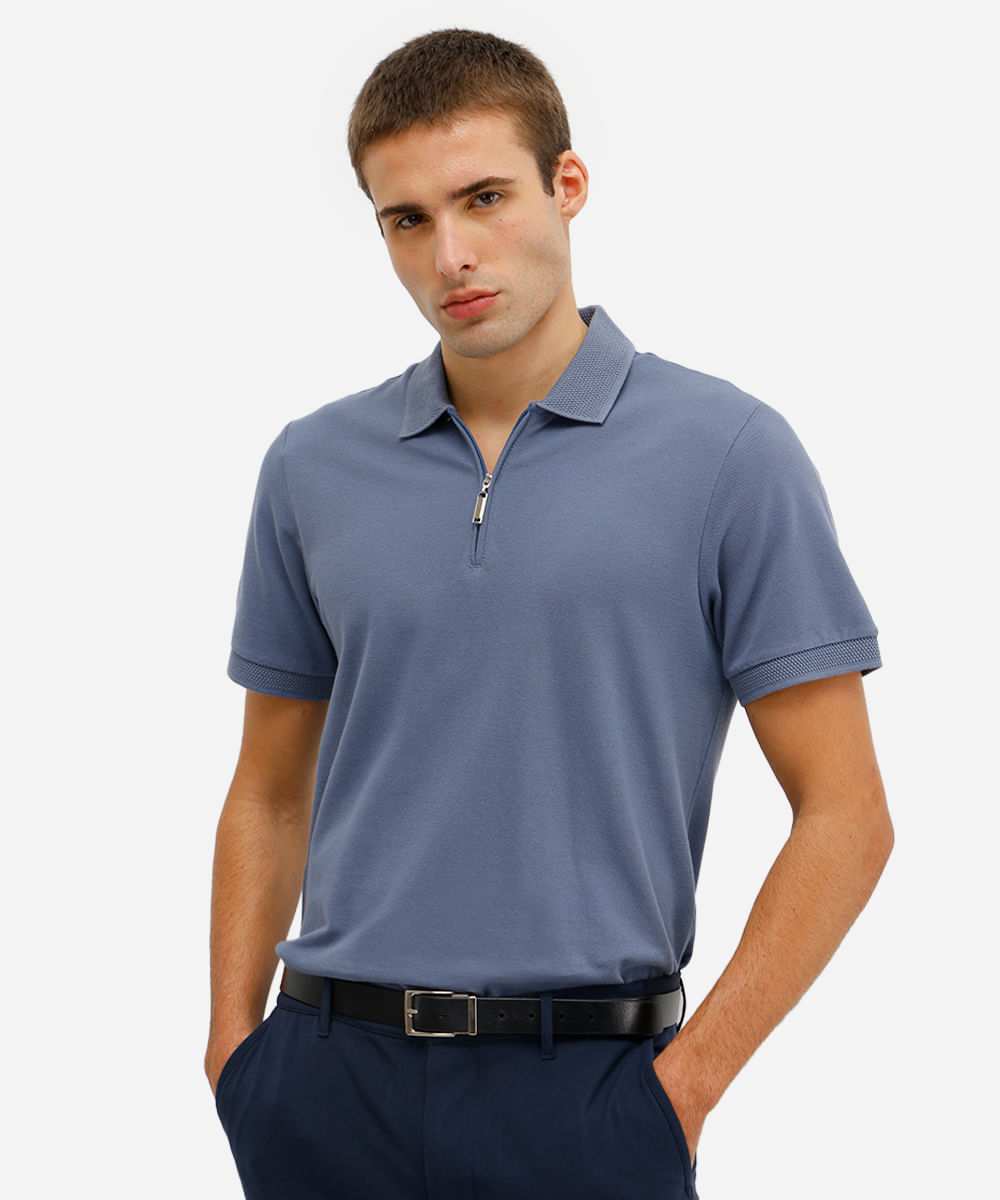 polo masculina de algodão manga curta com zíper azul