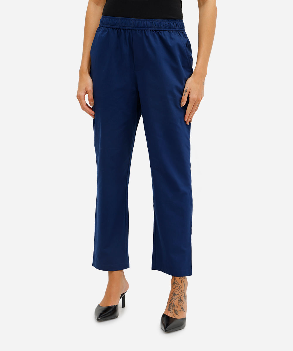 calça reta básica feminina de algodão azul