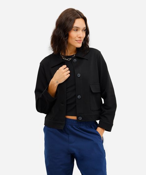 jaqueta básica feminina com bolsos texturizada preta