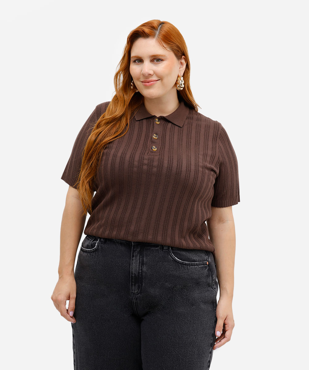 polo feminina de tricot manga curta plus size marrom