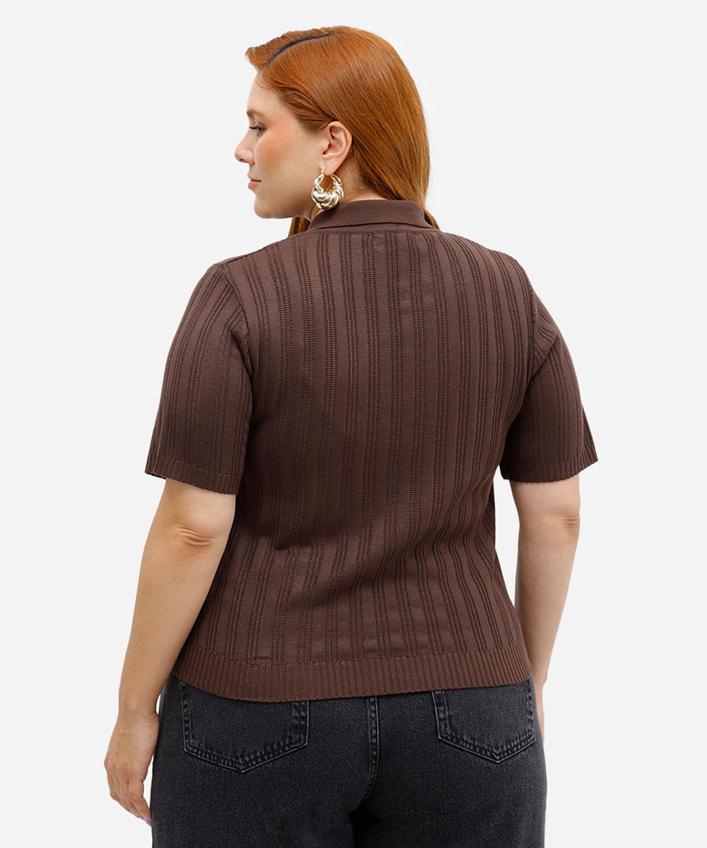 polo feminina de tricot manga curta plus size marrom