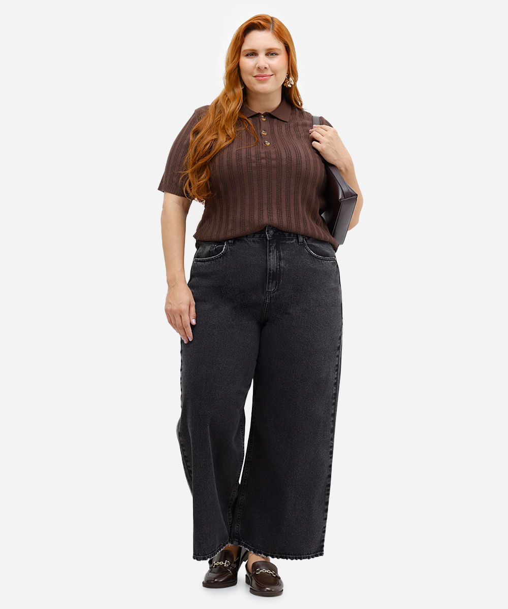 polo feminina de tricot manga curta plus size marrom