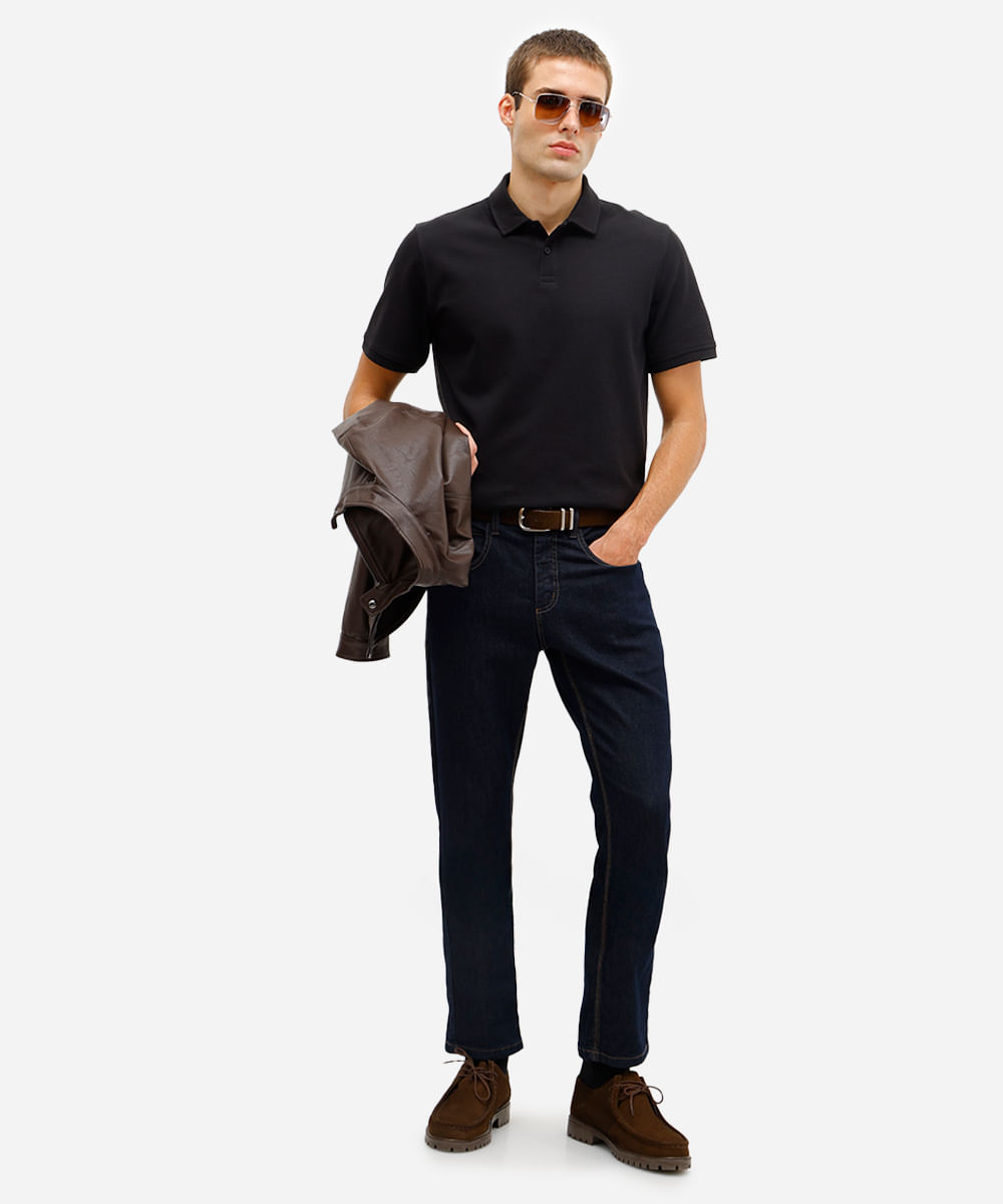 polo comfort masculina de algodão peruano texturizada preta