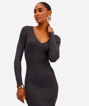 vestido midi feminino de tricot canelado  cinza