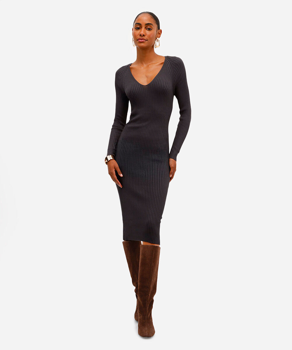 vestido midi feminino de tricot canelado  cinza