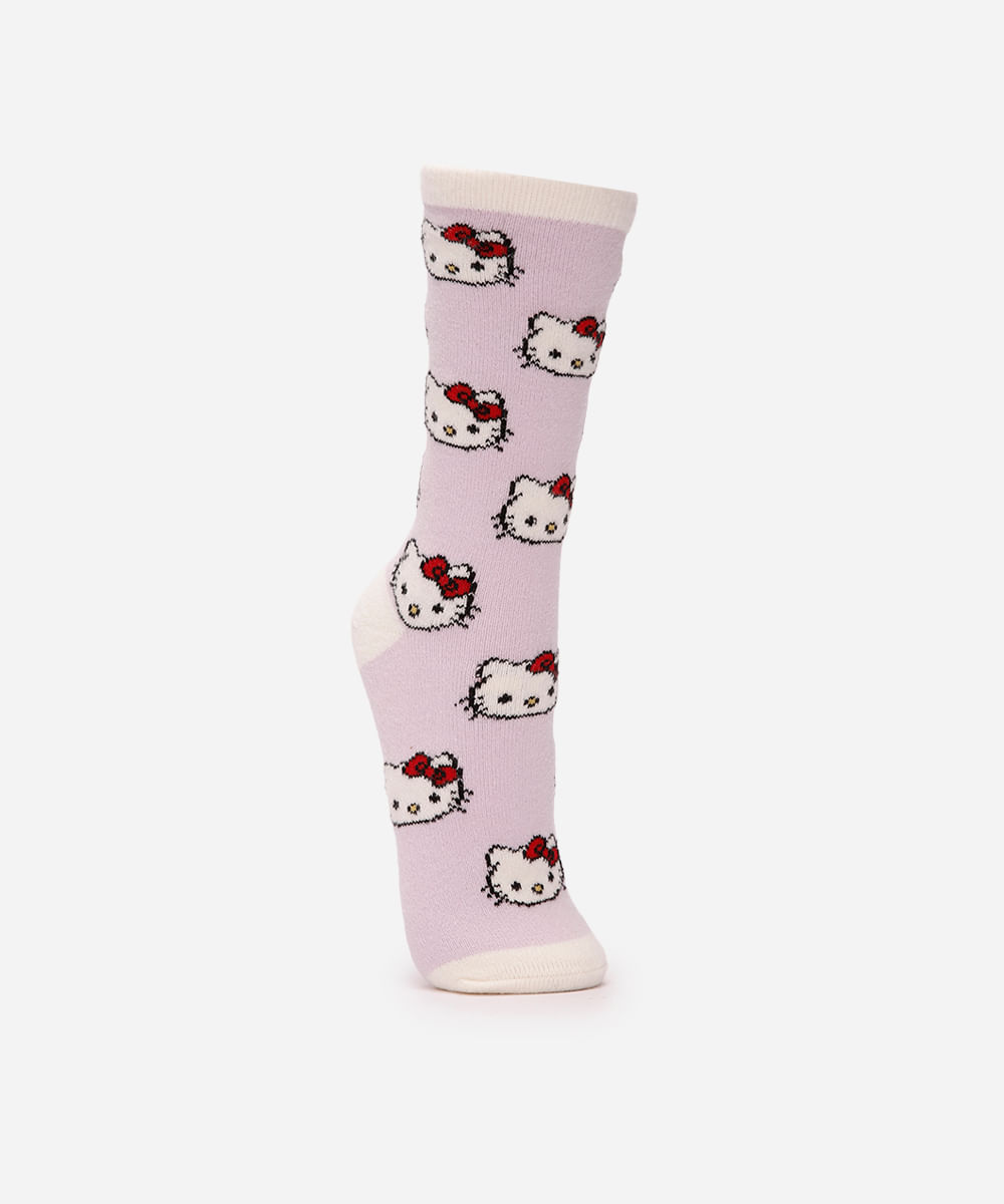 meia cano alto tricot hello kitty lilás