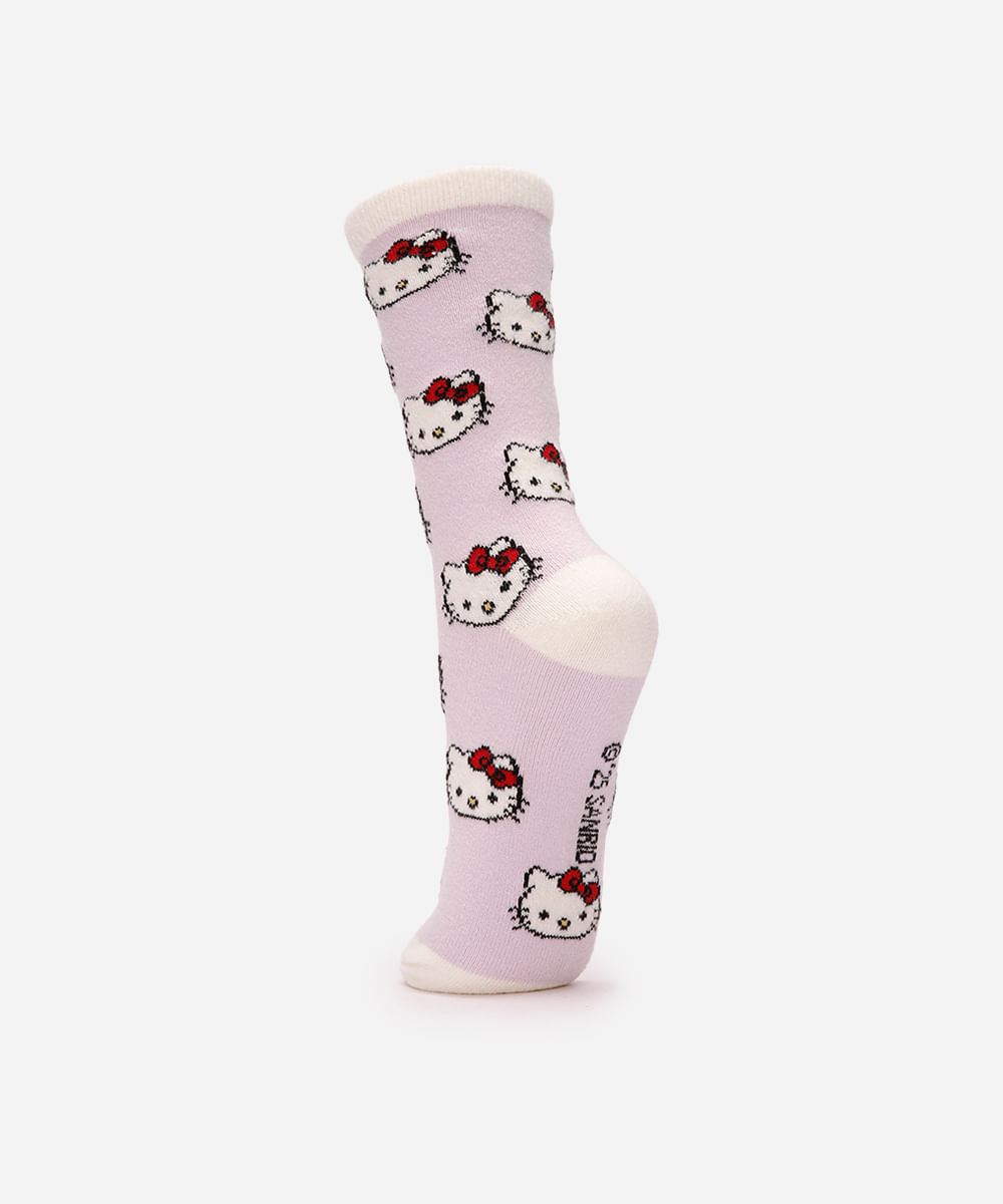 meia cano alto tricot hello kitty lilás