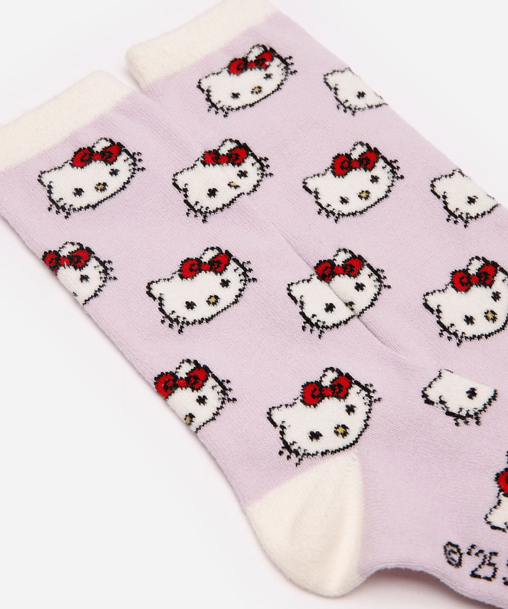 meia cano alto tricot hello kitty lilás