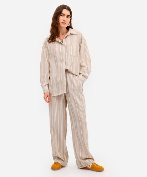 calça estilo pijama feminina listrada cós elástico bege