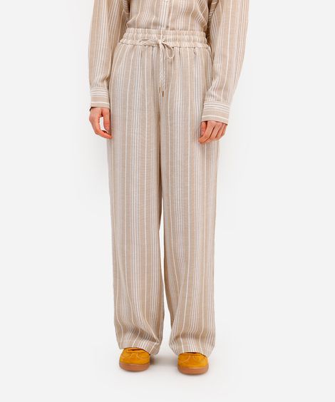 calça estilo pijama feminina listrada cós elástico bege