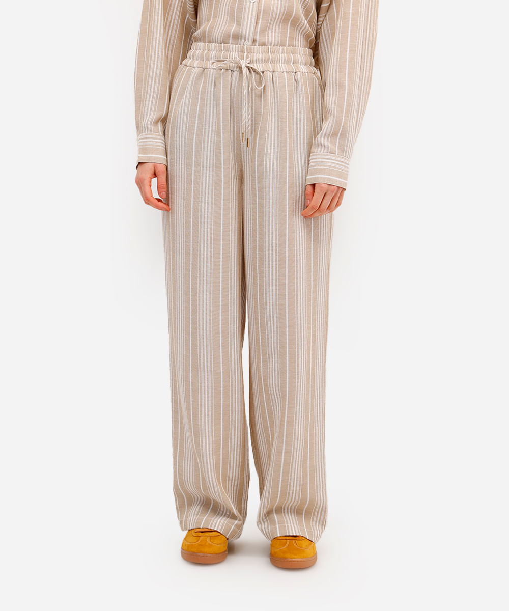 calça estilo pijama feminina listrada cós elástico bege