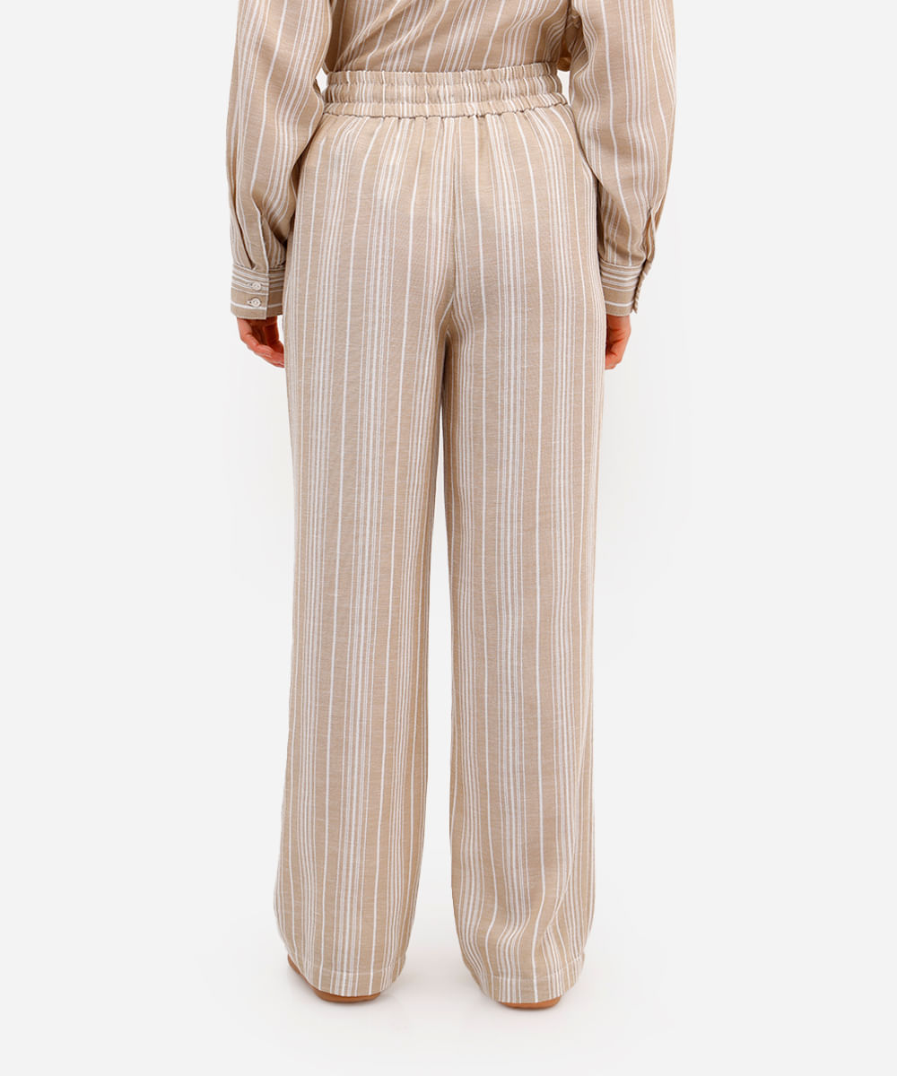calça estilo pijama feminina listrada cós elástico bege