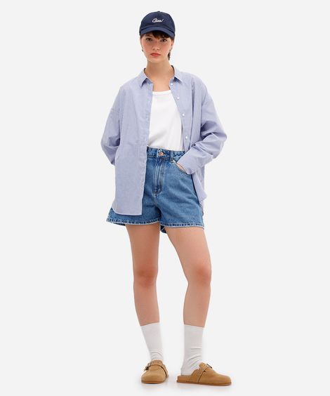 short feminino jeans cintura alta azul