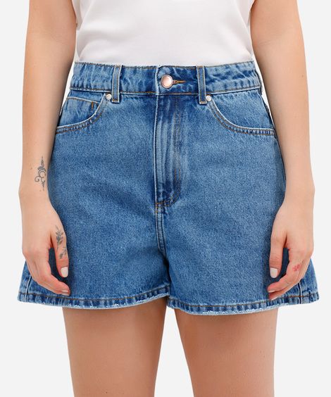 short feminino jeans cintura alta azul