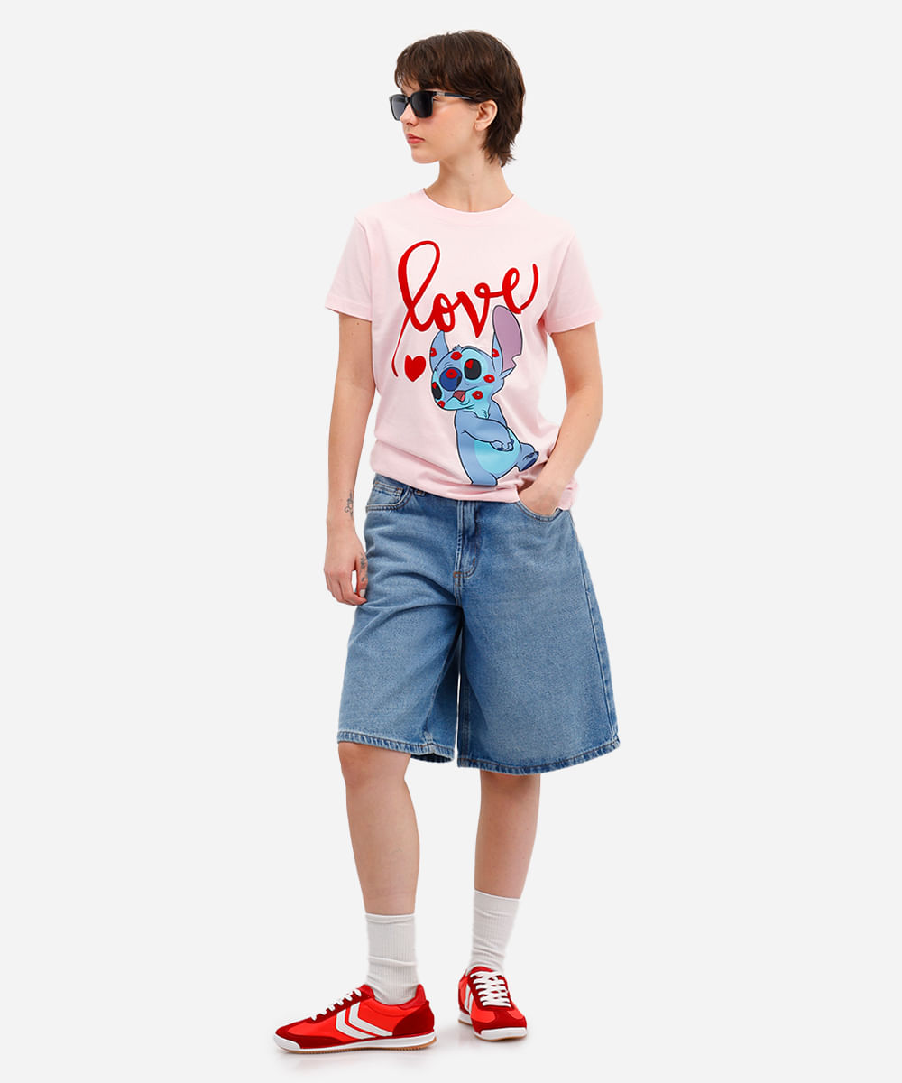 camiseta feminina de algodão stitch texturizada rosa