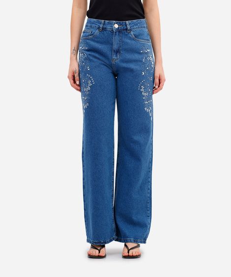 calça wide leg feminina jeans com bordado e brilhos azul