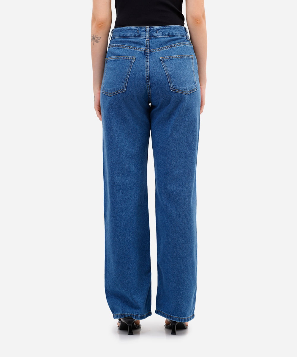 calça wide leg feminina jeans com bordado e brilhos azul