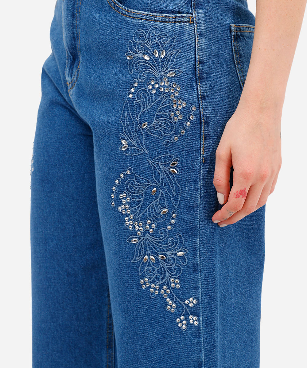 calça wide leg feminina jeans com bordado e brilhos azul