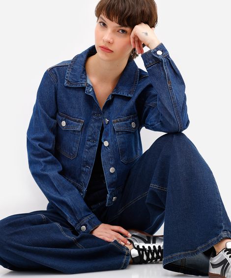 jaqueta cropped feminina jeans azul