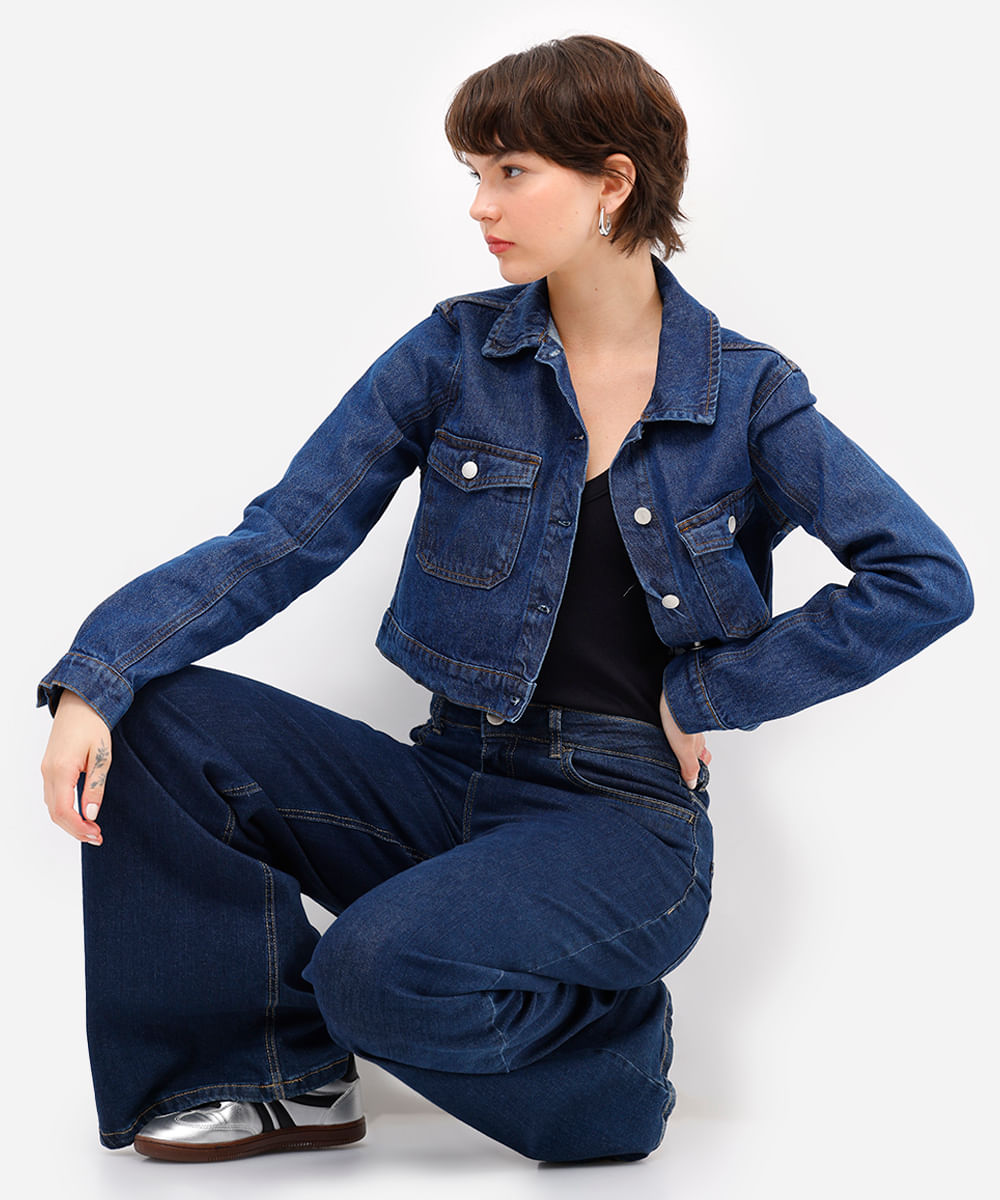 jaqueta cropped feminina jeans azul