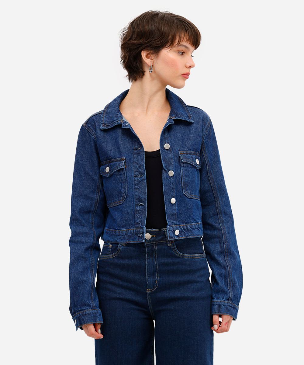 jaqueta cropped feminina jeans azul