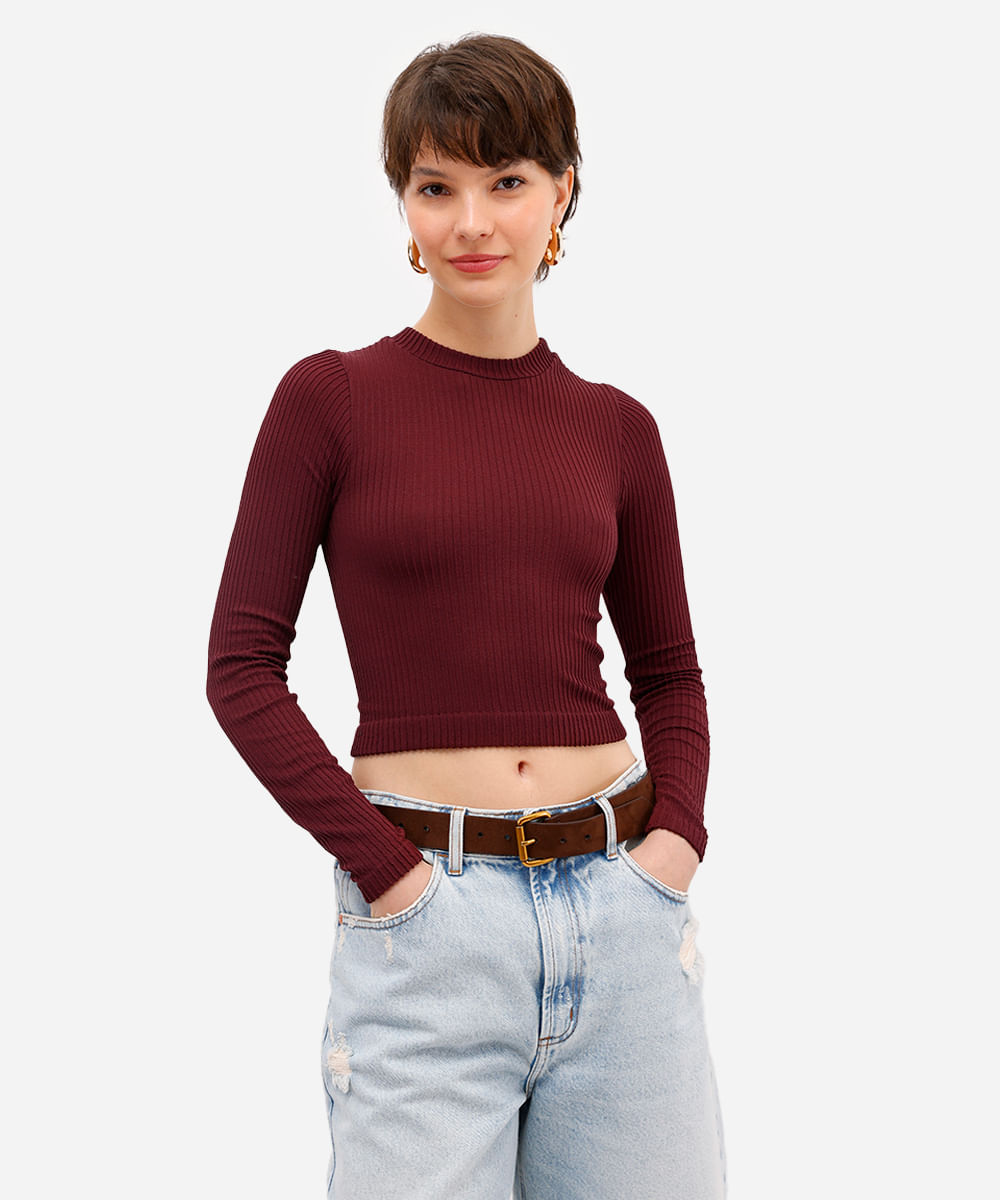blusa feminina de poliamida canelada vinho