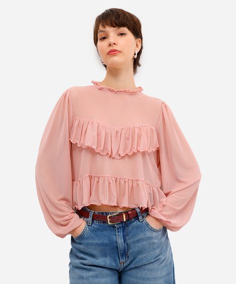 bata feminina de tule manga bufante com babados rosa
