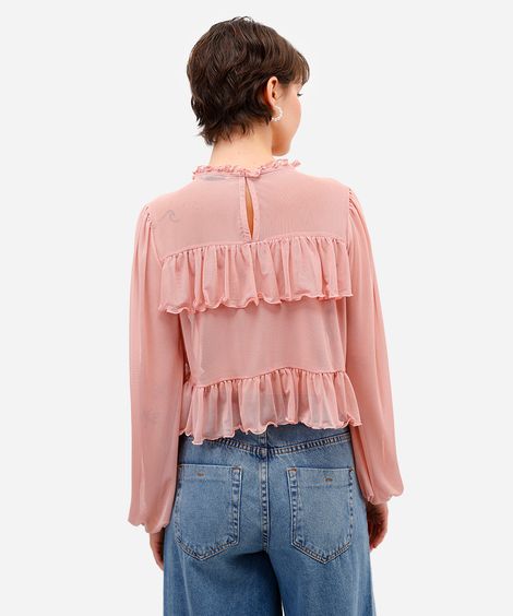 bata feminina de tule manga bufante com babados rosa