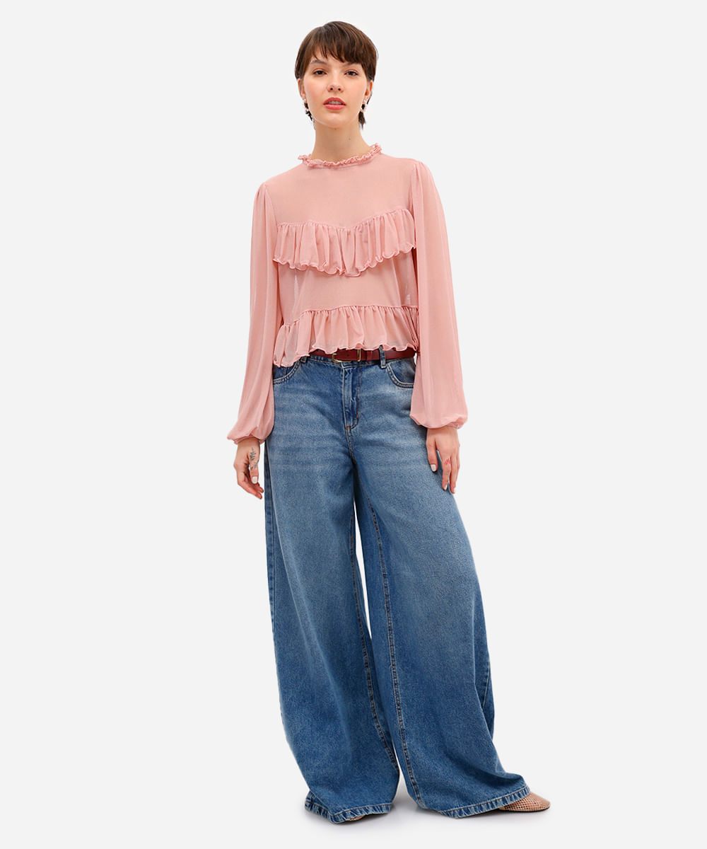 bata feminina de tule manga bufante com babados rosa
