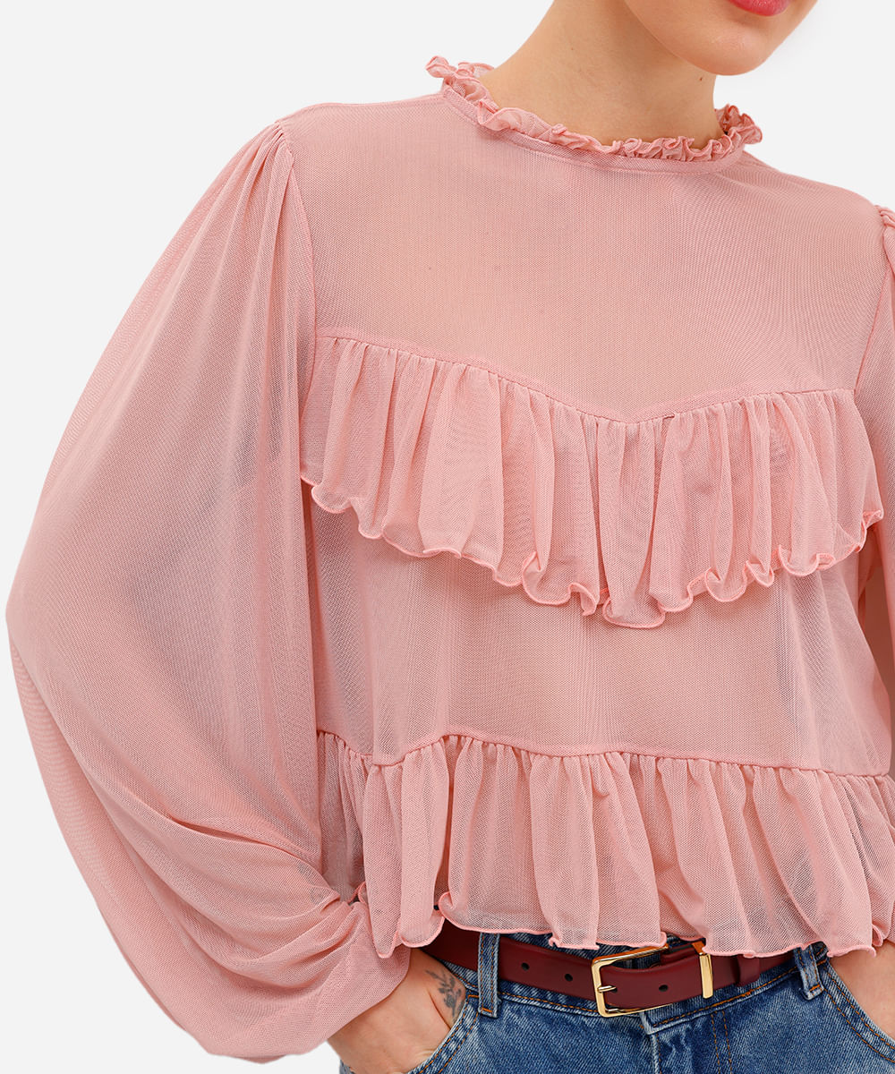 bata feminina de tule manga bufante com babados rosa