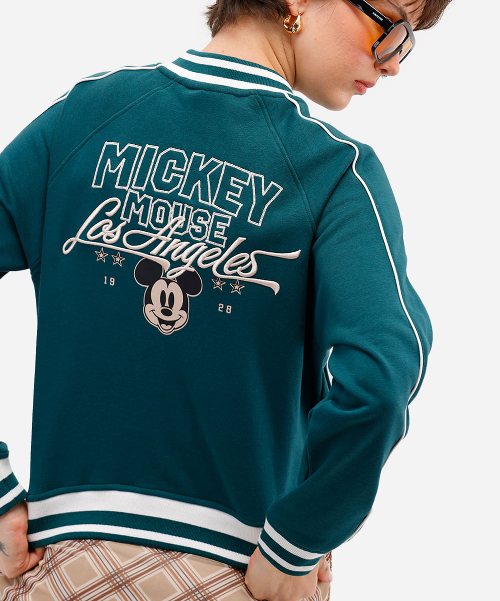 jaqueta bomber feminina de moletom felpado bordado mickey verde