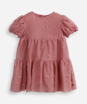 vestido infantil de tule com recorte e manga bufante - rosa escuro