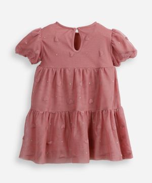 vestido infantil de tule com recorte e manga bufante - rosa escuro