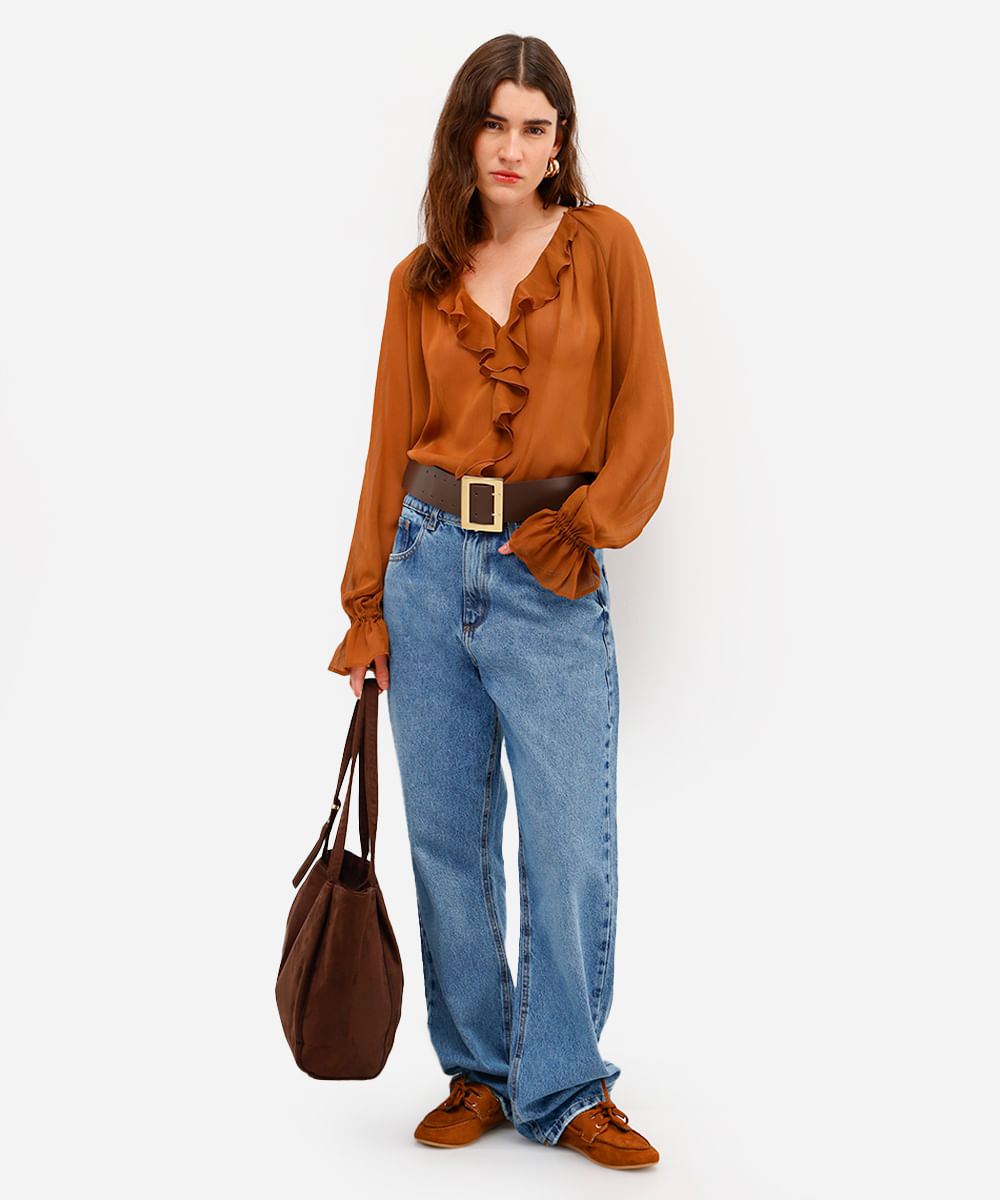 bata feminina com babados texturizada marrom