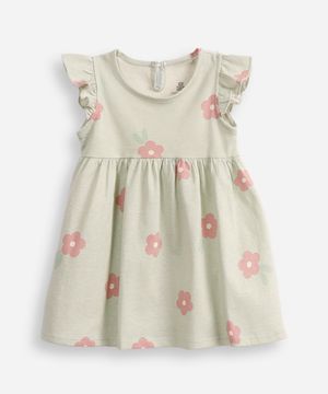 vestido infantil de algodão com babado floral verde