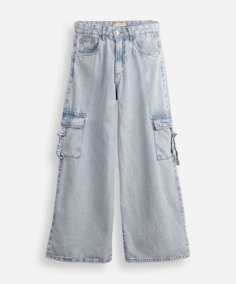 calça wide leg juvenil jeans com bolsos cargo azul