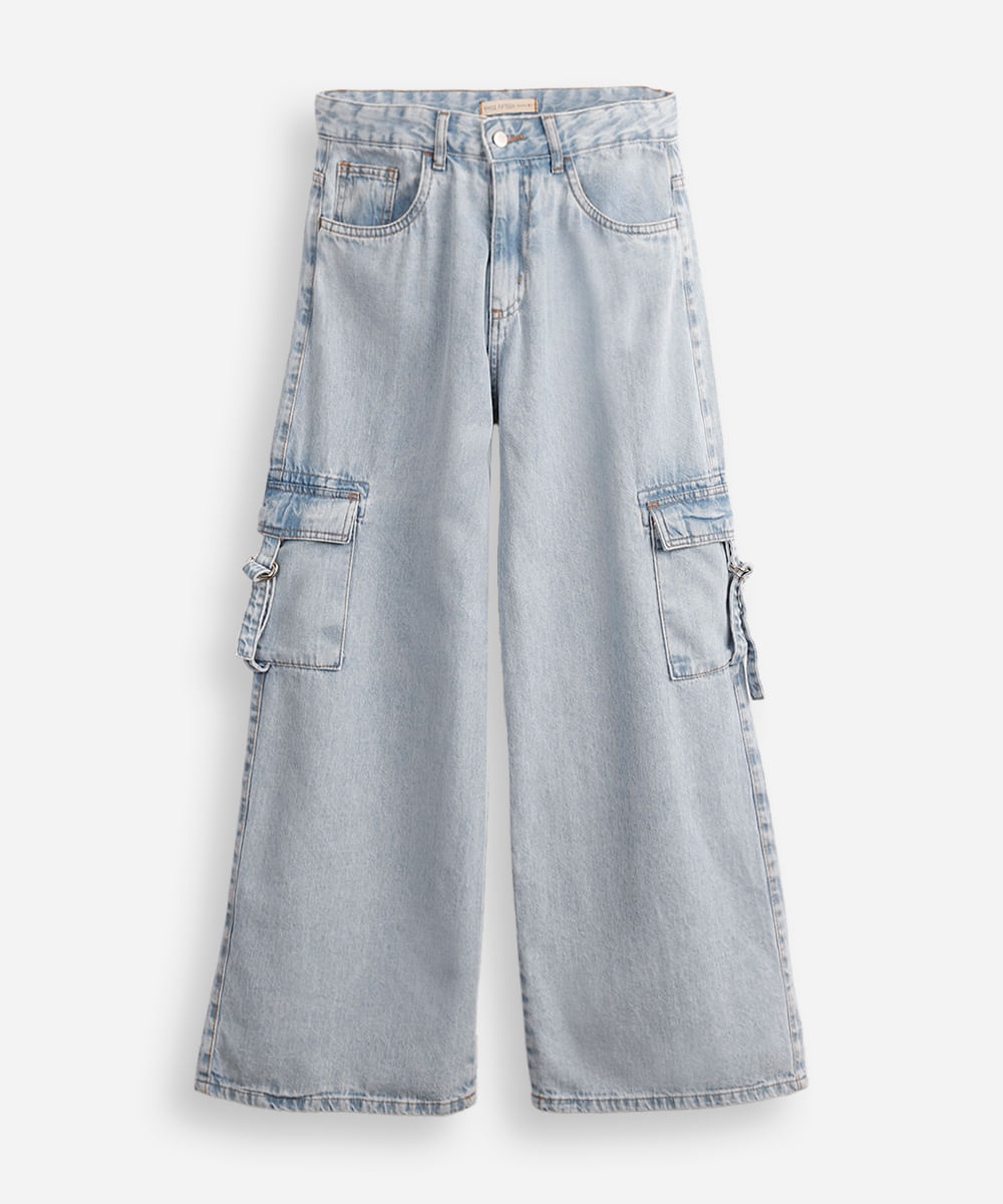 calça wide leg juvenil jeans com bolsos cargo azul