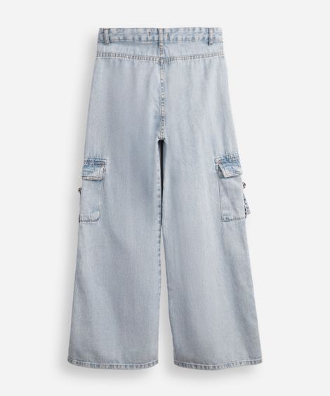 calça wide leg juvenil jeans com bolsos cargo azul