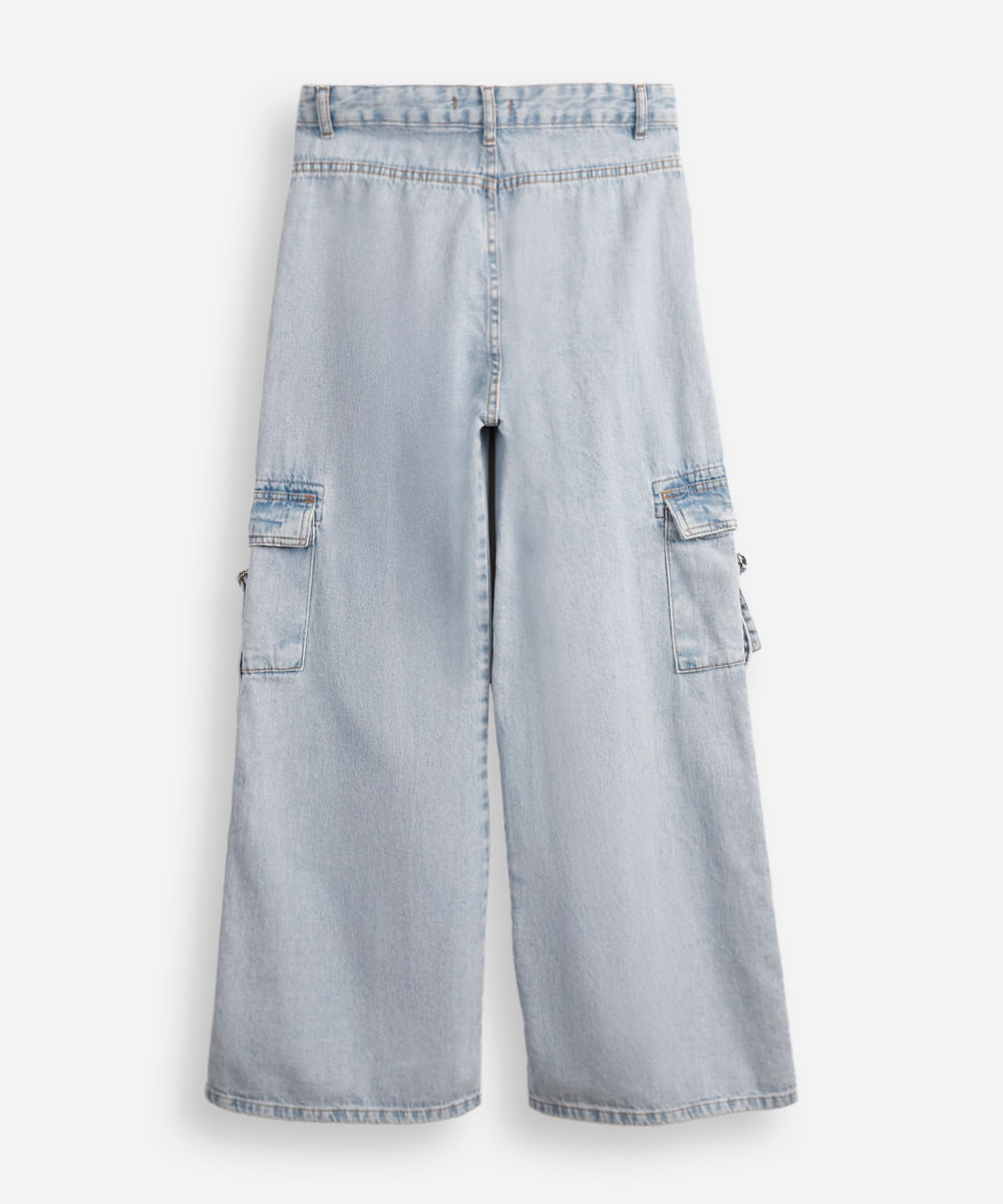 calça wide leg juvenil jeans com bolsos cargo azul