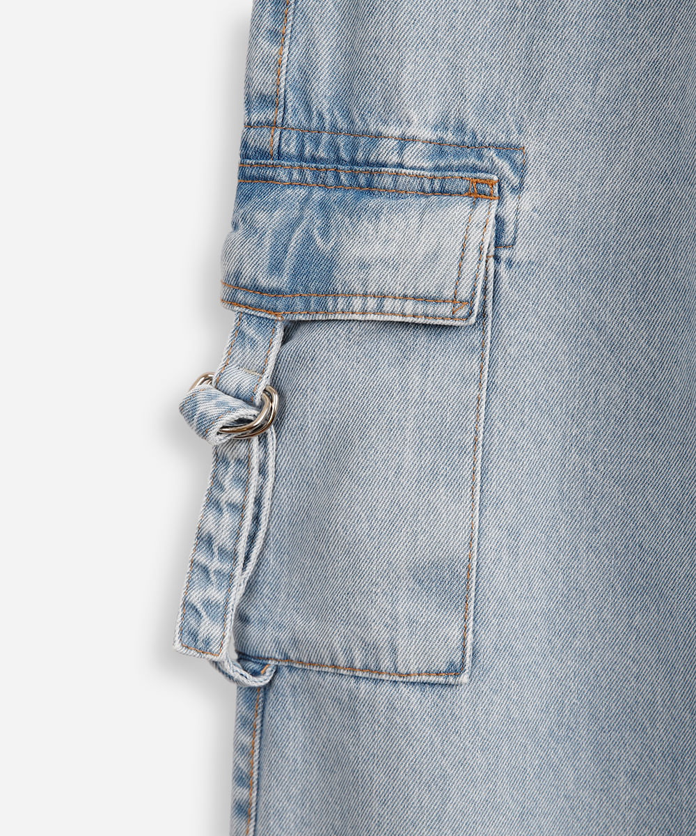 calça wide leg juvenil jeans com bolsos cargo azul
