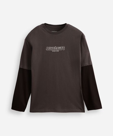 camiseta juvenil de algodão com sobreposição minecraft cinza