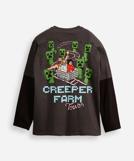 camiseta juvenil de algodão com sobreposição minecraft cinza