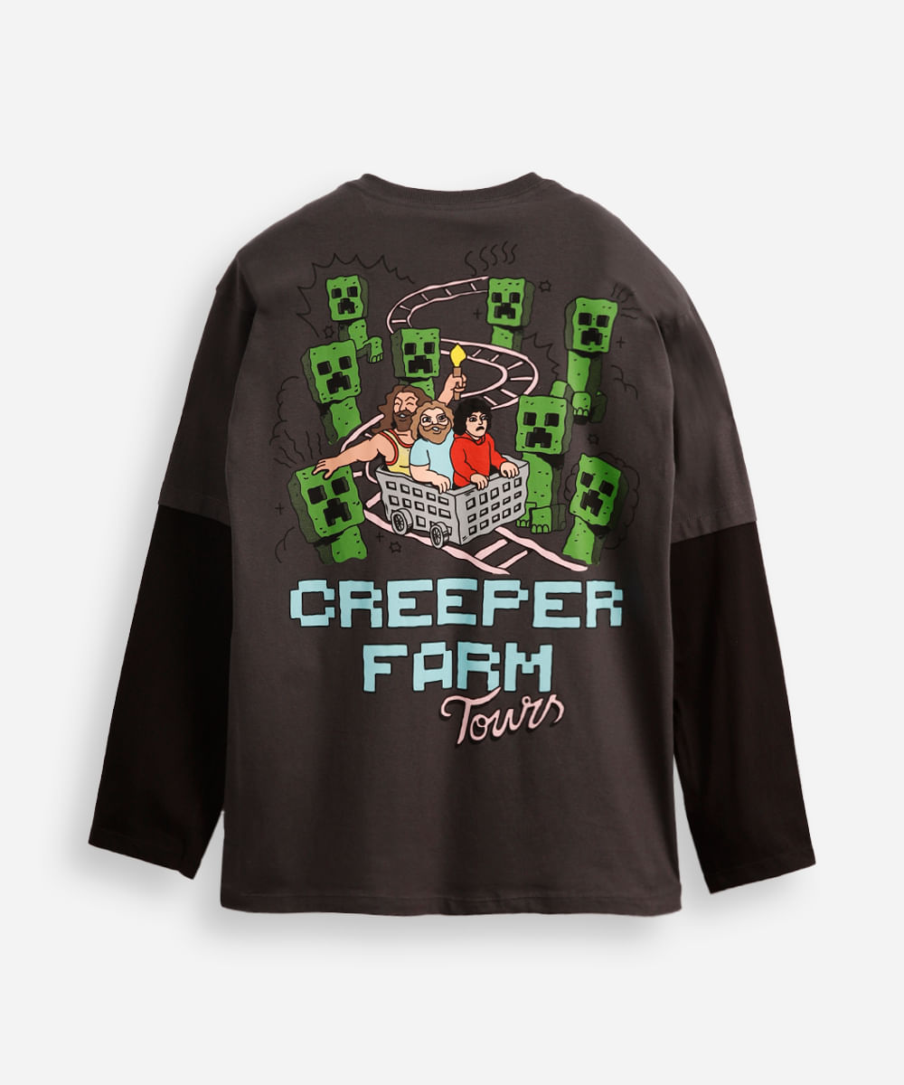 camiseta juvenil de algodão com sobreposição minecraft cinza