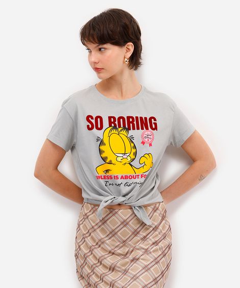 camiseta feminina de algodão garfield texturizada com amarração cinza