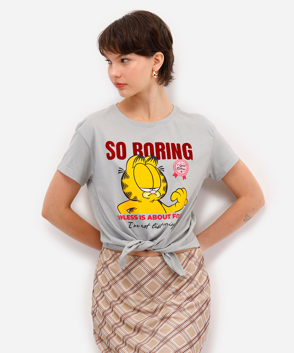 camiseta feminina de algodão garfield texturizada com amarração cinza